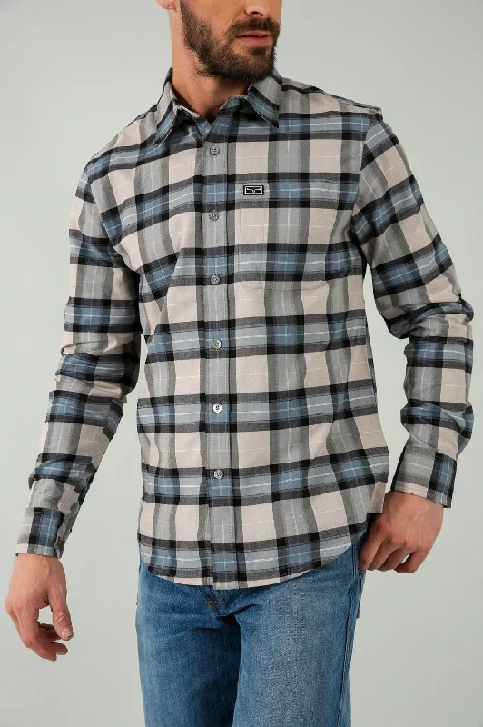 Men's Linen Blend Casual Shirts with Roll - Up Sleeves for a Summer Beach LookKimes Ranch Mens Twin Peaks Flannel Dress Blue/Charcoal Cotton blend L/S Shirt