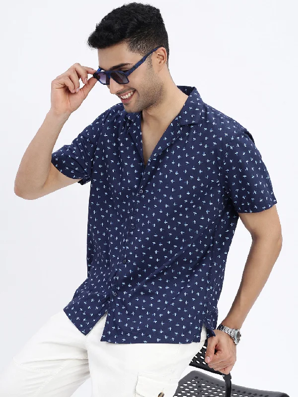 Men's Long - Line Oversized Casual Shirts in Dark Gray for a Relaxed and Modern LookMen Navy Blue Micro Print Cuban Collar Shirt Men's Long - Line Oversized Casual Shirts in Dark Gray for a Relaxed and Modern LookMen Navy Blue Micro Print Cuban Collar Shirt