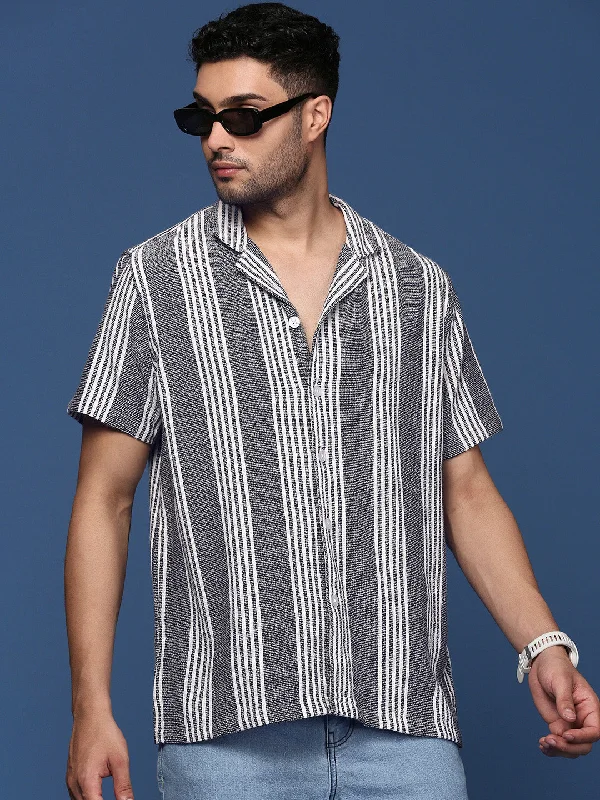 Men's Linen Blend Casual Shirts with Roll - Up Sleeves for a Summer Beach LookMen Cuban Collar Striped Black Relaxed Fit Shirt Men's Linen Blend Casual Shirts with Roll - Up Sleeves for a Summer Beach LookMen Cuban Collar Striped Black Relaxed Fit Shirt