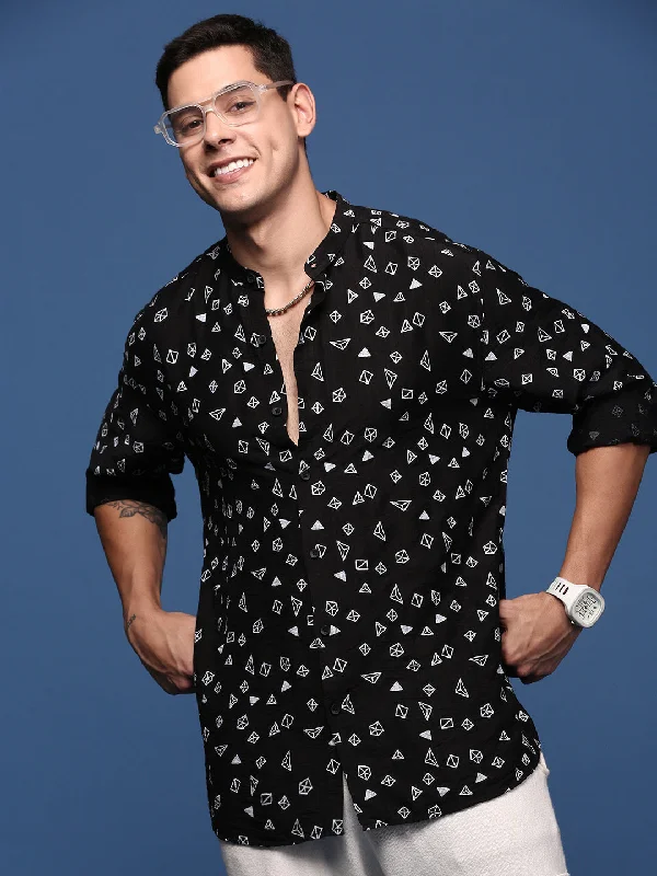 Men's Distressed Denim Casual Shirts with Frayed Edges for a Trendy and Rugged LookMen Mandarin Collar Geometric Black Slim Fit Shirt Men's Distressed Denim Casual Shirts with Frayed Edges for a Trendy and Rugged LookMen Mandarin Collar Geometric Black Slim Fit Shirt
