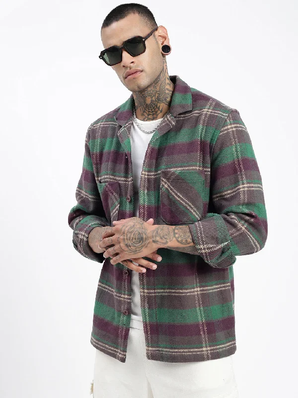 Plus Size Men's Striped Chambray Casual Shirts with a Spread Collar for a Preppy AppearanceMen Checked Green Shacket Plus Size Men's Striped Chambray Casual Shirts with a Spread Collar for a Preppy AppearanceMen Checked Green Shacket
