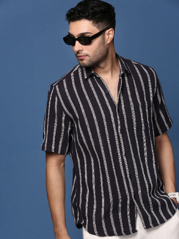 Men's Linen Blend Casual Shirts with Roll - Up Sleeves for a Summer Beach LookMen Striped Navy Blue Slim Fit Shirt Men's Linen Blend Casual Shirts with Roll - Up Sleeves for a Summer Beach LookMen Striped Navy Blue Slim Fit Shirt