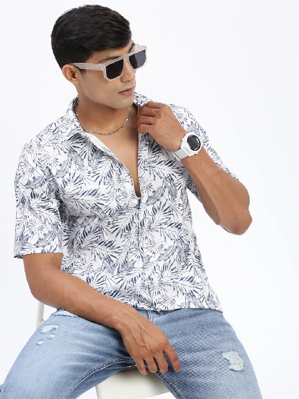 Men's Two - Tone Contrast Panel Casual Shirts in White and Navy for a Stylish and Eye - Catching DesignMen Floral White Slim Fit Shirt Men's Two - Tone Contrast Panel Casual Shirts in White and Navy for a Stylish and Eye - Catching DesignMen Floral White Slim Fit Shirt