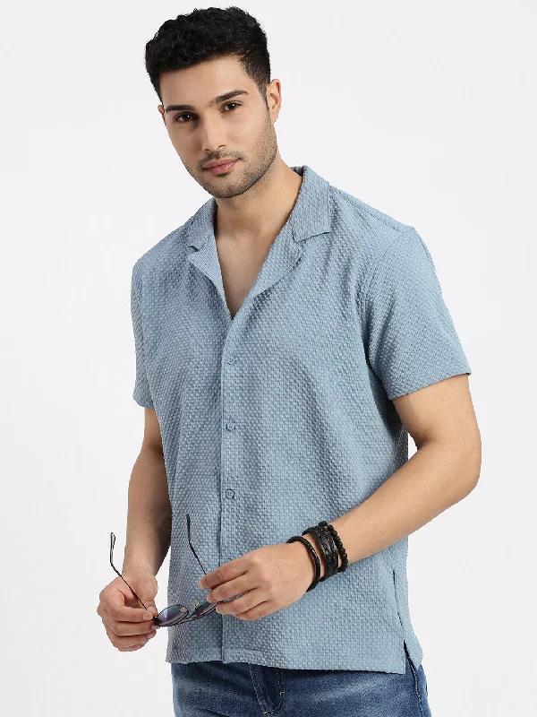 Men's Sustainable Recycled Material Casual Shirts for Eco - Conscious ConsumersMen Blue Cuban Collar Solid Shirt Men's Sustainable Recycled Material Casual Shirts for Eco - Conscious ConsumersMen Blue Cuban Collar Solid Shirt