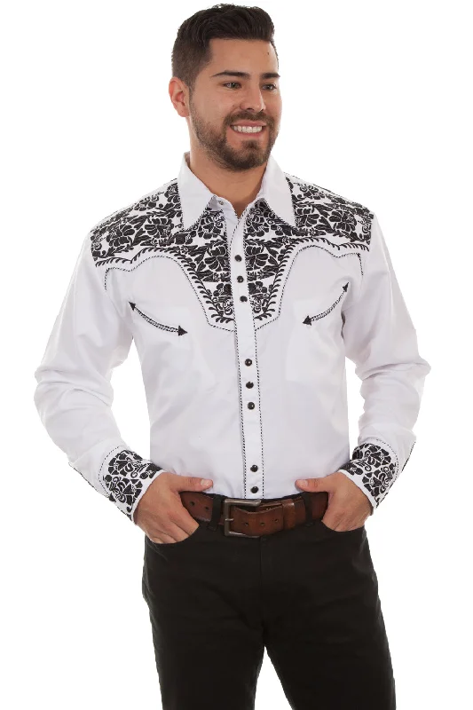 Men's Retro - Style Hawaiian Print Casual Shirts in Bold Patterns for a Tropical VacationScully Mens White/Black Poly/Rayon Floral Tooled L/S Shirt Men's Retro - Style Hawaiian Print Casual Shirts in Bold Patterns for a Tropical VacationScully Mens White/Black Poly/Rayon Floral Tooled L/S Shirt