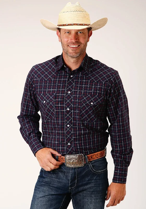 Men's Long - Line Oversized Casual Shirts in Dark Gray for a Relaxed and Modern LookRoper Mens 55/45 Windowpane Navy/White Cotton Blend L/S Shirt