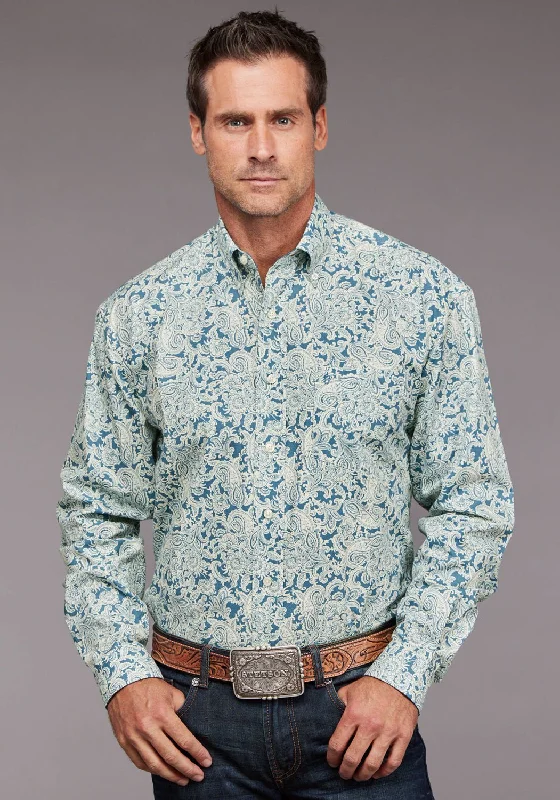 Men's Retro - Style Hawaiian Print Casual Shirts in Bold Patterns for a Tropical VacationStetson Mens 2034 Tonal Paisley Blue 100% Cotton 1 Pkt L/S Shirt