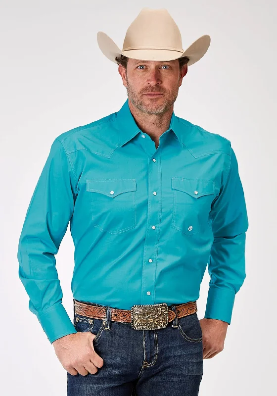 Plus Size Men's Striped Chambray Casual Shirts with a Spread Collar for a Preppy AppearanceRoper Mens Poplin Stretch Turquoise Cotton Blend L/S Shirt Plus Size Men's Striped Chambray Casual Shirts with a Spread Collar for a Preppy AppearanceRoper Mens Poplin Stretch Turquoise Cotton Blend L/S Shirt