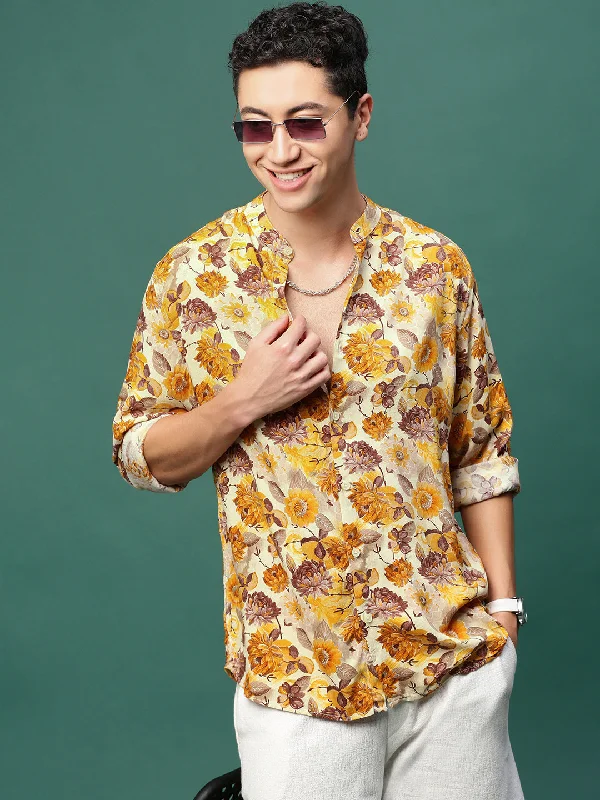 Men's Linen Blend Casual Shirts with Roll - Up Sleeves for a Summer Beach LookMen Orange Floral Slim Fit Shirt