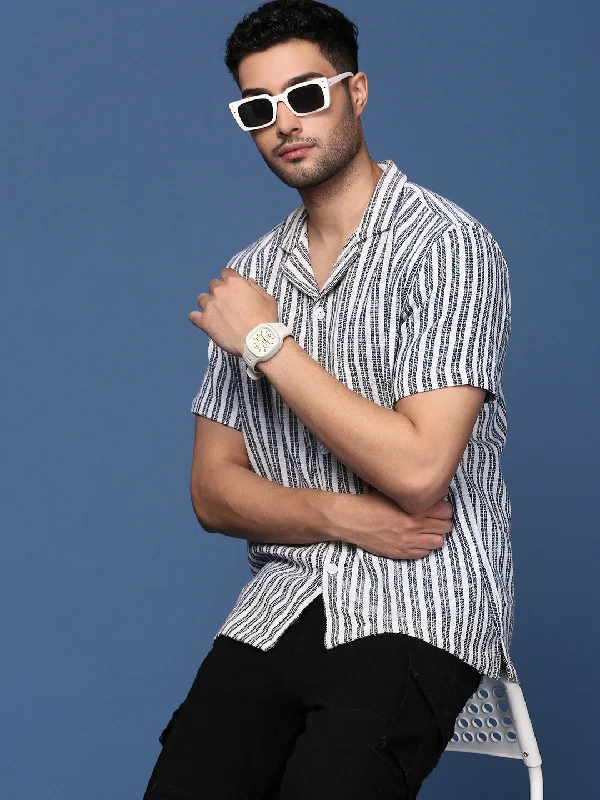 Men's Retro - Style Hawaiian Print Casual Shirts in Bold Patterns for a Tropical VacationMen Cuban Collar Striped White Relaxed Fit Shirt Men's Retro - Style Hawaiian Print Casual Shirts in Bold Patterns for a Tropical VacationMen Cuban Collar Striped White Relaxed Fit Shirt