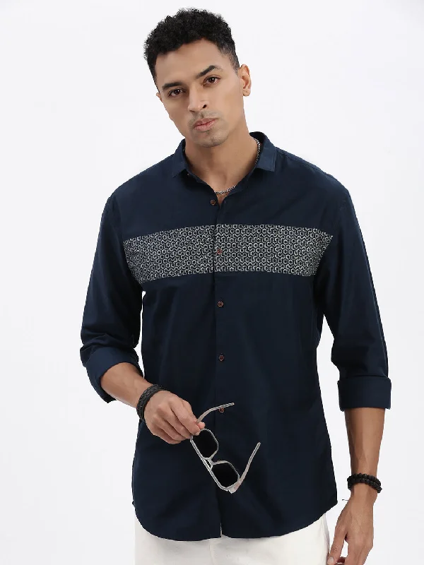 Men's Organic Cotton Casual Shirts with a Soft Handfeel for Everyday ComfortMen Navy Blue Geometric Slim Fit Shirt Men's Organic Cotton Casual Shirts with a Soft Handfeel for Everyday ComfortMen Navy Blue Geometric Slim Fit Shirt