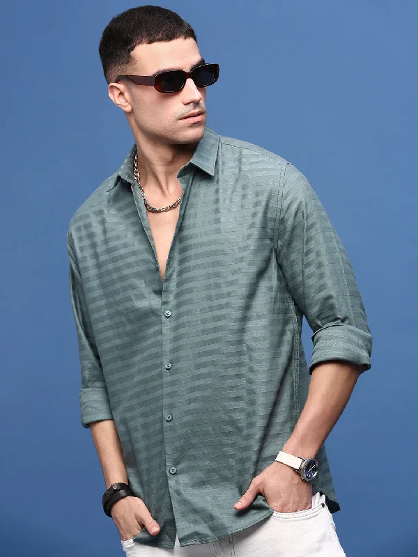 Men's Graphic - Printed Casual Shirts with Pop - Culture References for a Fun and Stylish LookMen Green Slim Fit Striped Shirt Men's Graphic - Printed Casual Shirts with Pop - Culture References for a Fun and Stylish LookMen Green Slim Fit Striped Shirt
