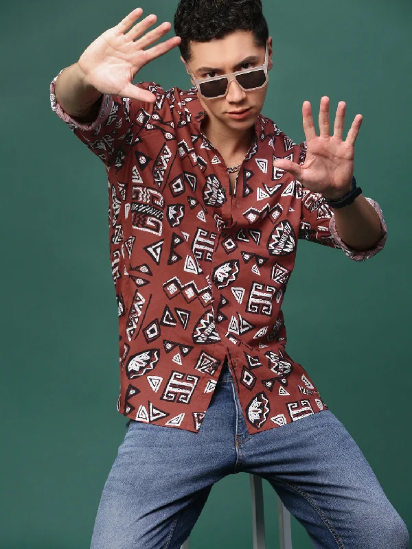 Men's Moisture - Wicking Performance Fabric Casual Shirts for Outdoor ActivitiesMen Rust Geometric Slim Fit Shirt Men's Moisture - Wicking Performance Fabric Casual Shirts for Outdoor ActivitiesMen Rust Geometric Slim Fit Shirt