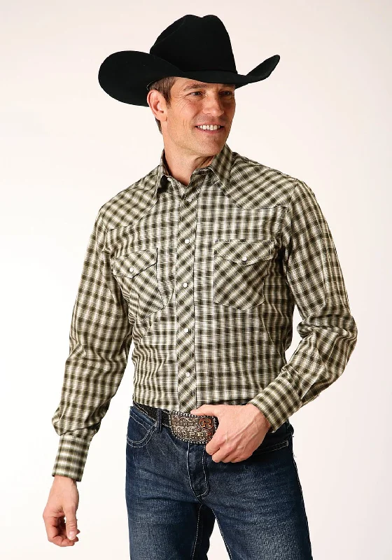Men's Moisture - Wicking Performance Fabric Casual Shirts for Outdoor ActivitiesRoper Mens Black Plaid Olive Green Cotton Blend L/S Shirt Men's Moisture - Wicking Performance Fabric Casual Shirts for Outdoor ActivitiesRoper Mens Black Plaid Olive Green Cotton Blend L/S Shirt