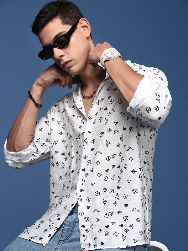 Men's Long - Line Oversized Casual Shirts in Dark Gray for a Relaxed and Modern LookMen Mandarin Collar Geometric White Slim Fit Shirt Men's Long - Line Oversized Casual Shirts in Dark Gray for a Relaxed and Modern LookMen Mandarin Collar Geometric White Slim Fit Shirt