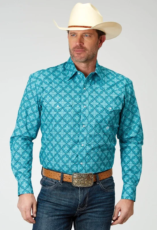 Men's Button - Down Oxford Casual Shirts in Crisp White for a Classic and Versatile StyleRoper Mens Lake Medallion Blue 100% Cotton L/S Shirt Men's Button - Down Oxford Casual Shirts in Crisp White for a Classic and Versatile StyleRoper Mens Lake Medallion Blue 100% Cotton L/S Shirt