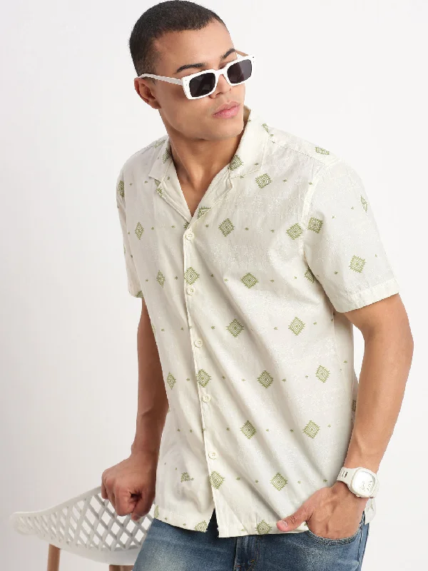 Men's Retro - Style Hawaiian Print Casual Shirts in Bold Patterns for a Tropical VacationMen Cuban Collar Geometric Cream Shirt Men's Retro - Style Hawaiian Print Casual Shirts in Bold Patterns for a Tropical VacationMen Cuban Collar Geometric Cream Shirt