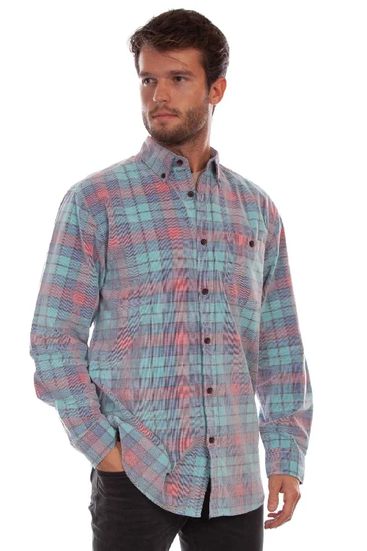 Plus Size Men's Striped Chambray Casual Shirts with a Spread Collar for a Preppy AppearanceScully Mens Corduroy Plaid Blue 100% Cotton L/S Shirt