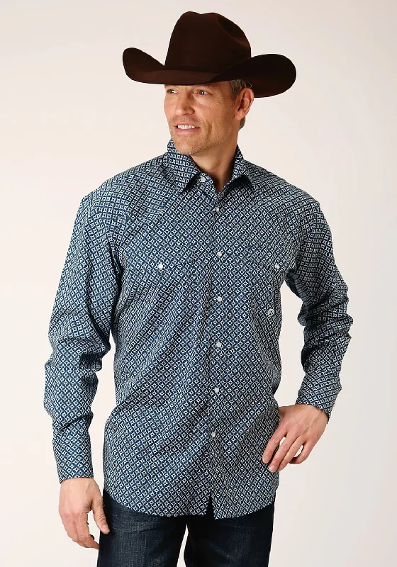 Plus Size Men's Striped Chambray Casual Shirts with a Spread Collar for a Preppy AppearanceRoper Mens Navy Diamond Print Blue Cotton Blend L/S Shirt Plus Size Men's Striped Chambray Casual Shirts with a Spread Collar for a Preppy AppearanceRoper Mens Navy Diamond Print Blue Cotton Blend L/S Shirt