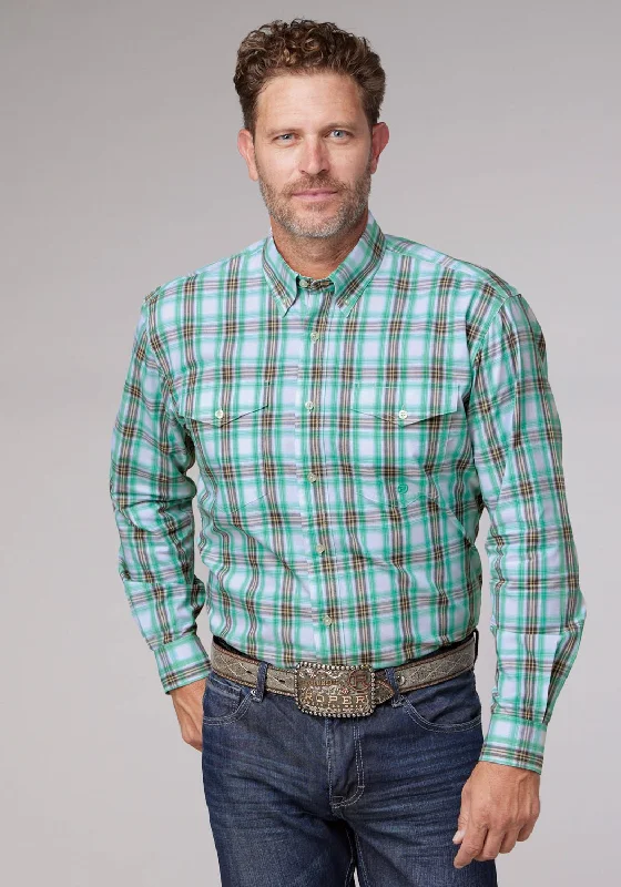 Men's Moisture - Wicking Performance Fabric Casual Shirts for Outdoor ActivitiesRoper Mens Cold Springs Plaid Green 100% Cotton 2 Pkts L/S Shirt Men's Moisture - Wicking Performance Fabric Casual Shirts for Outdoor ActivitiesRoper Mens Cold Springs Plaid Green 100% Cotton 2 Pkts L/S Shirt