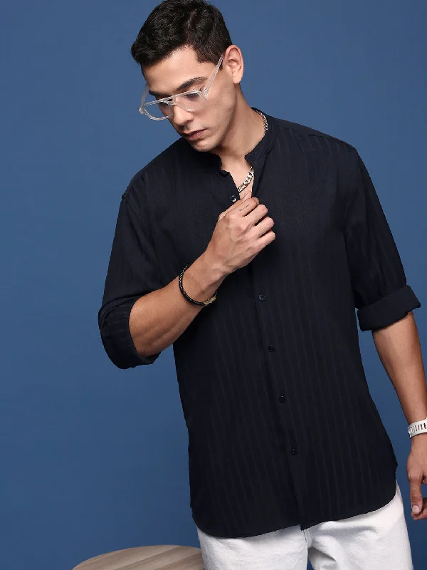 Men's Stretch - Fabric Casual Shirts in Navy Blue for a Comfortable and Flexible FitMen Mandarin Collar Solid Navy Blue Slim Fit Shirt Men's Stretch - Fabric Casual Shirts in Navy Blue for a Comfortable and Flexible FitMen Mandarin Collar Solid Navy Blue Slim Fit Shirt