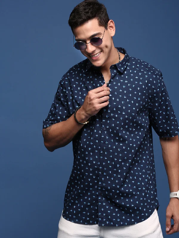 Men's Stretch - Fabric Casual Shirts in Navy Blue for a Comfortable and Flexible FitMen Abstract Navy Blue Slim Fit Shirt