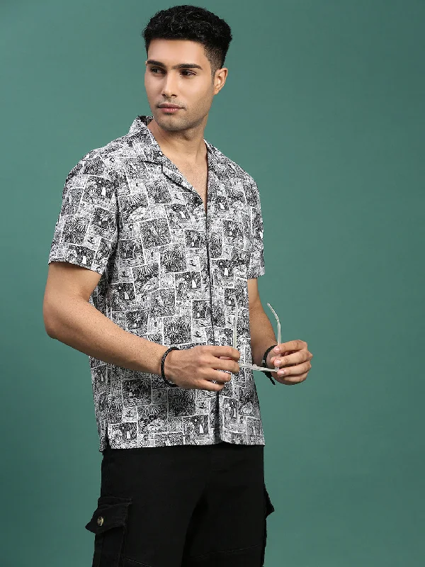Men's Embroidered Detail Casual Shirts in Beige for a Touch of EleganceMen Cuban Collar Abstract Black Relaxed Fit Shirt Men's Embroidered Detail Casual Shirts in Beige for a Touch of EleganceMen Cuban Collar Abstract Black Relaxed Fit Shirt