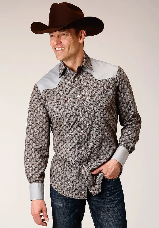 Plus Size Men's Striped Chambray Casual Shirts with a Spread Collar for a Preppy AppearanceRoper Mens Chocolate/Cream Cotton Blend Teardrop L/S Shirt Plus Size Men's Striped Chambray Casual Shirts with a Spread Collar for a Preppy AppearanceRoper Mens Chocolate/Cream Cotton Blend Teardrop L/S Shirt