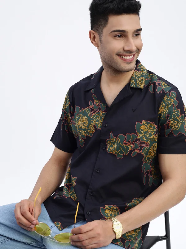 Men's Moisture - Wicking Performance Fabric Casual Shirts for Outdoor ActivitiesMen Black Floral Slim Fit Shirt Men's Moisture - Wicking Performance Fabric Casual Shirts for Outdoor ActivitiesMen Black Floral Slim Fit Shirt