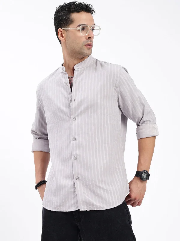 Men's Embroidered Detail Casual Shirts in Beige for a Touch of EleganceMen Striped Grey Slim Fit Shirt Men's Embroidered Detail Casual Shirts in Beige for a Touch of EleganceMen Striped Grey Slim Fit Shirt