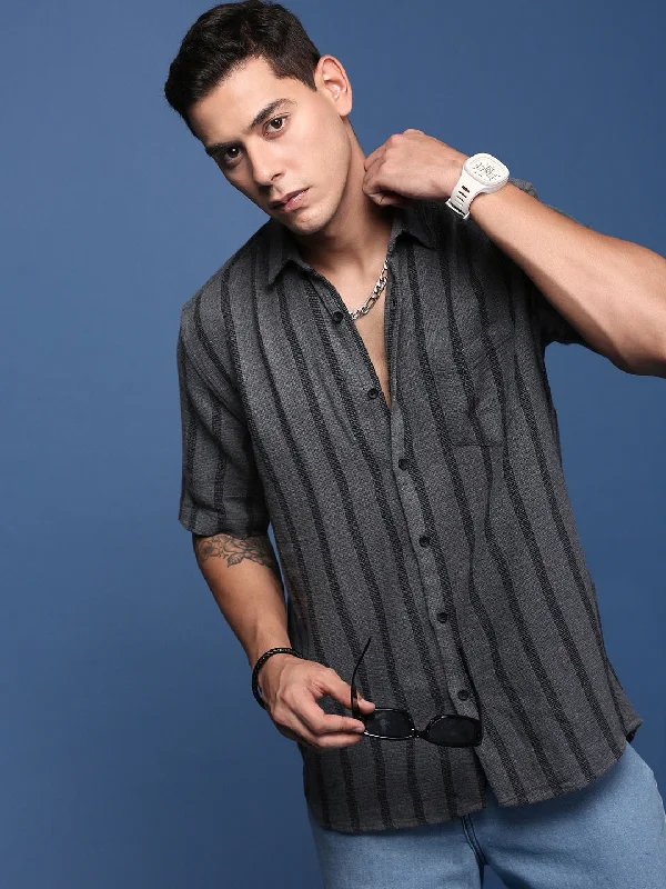 Men's Thermal - Lined Casual Shirts in Black for Added Warmth in Cold WeatherMen Striped Grey Slim Fit Shirt Men's Thermal - Lined Casual Shirts in Black for Added Warmth in Cold WeatherMen Striped Grey Slim Fit Shirt