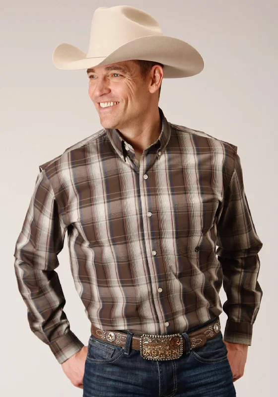 Men's Two - Tone Contrast Panel Casual Shirts in White and Navy for a Stylish and Eye - Catching DesignRoper Mens Brown 100% Cotton Pinewood Plaid BD L/S 1 Pkt Shirt Men's Two - Tone Contrast Panel Casual Shirts in White and Navy for a Stylish and Eye - Catching DesignRoper Mens Brown 100% Cotton Pinewood Plaid BD L/S 1 Pkt Shirt