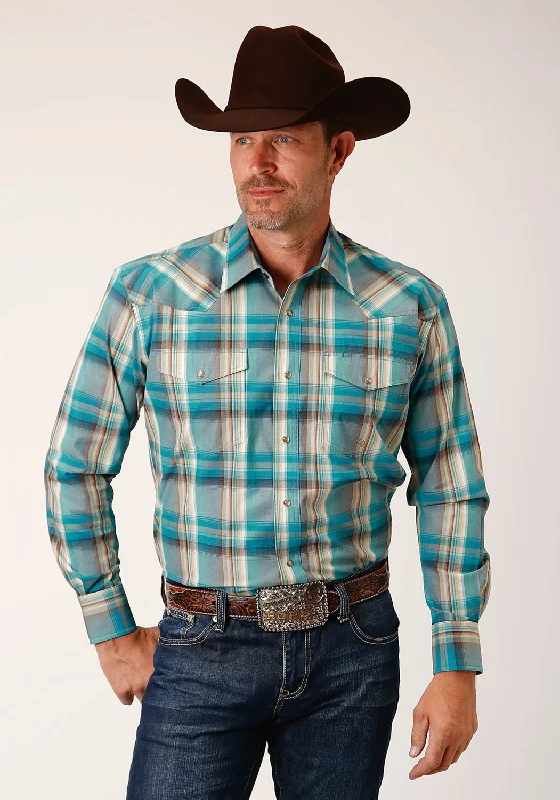 Men's Tailored Fit Checkered Casual Shirts in Multicolor for a Smart - Casual EnsembleRoper Mens Sandy Plaid Turquoise 100% Cotton L/S Shirt Men's Tailored Fit Checkered Casual Shirts in Multicolor for a Smart - Casual EnsembleRoper Mens Sandy Plaid Turquoise 100% Cotton L/S Shirt