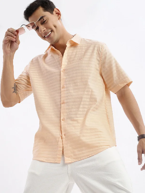 Men's Embroidered Detail Casual Shirts in Beige for a Touch of EleganceMen Spread Collar Solid Slim Fit Peach Shirt Men's Embroidered Detail Casual Shirts in Beige for a Touch of EleganceMen Spread Collar Solid Slim Fit Peach Shirt