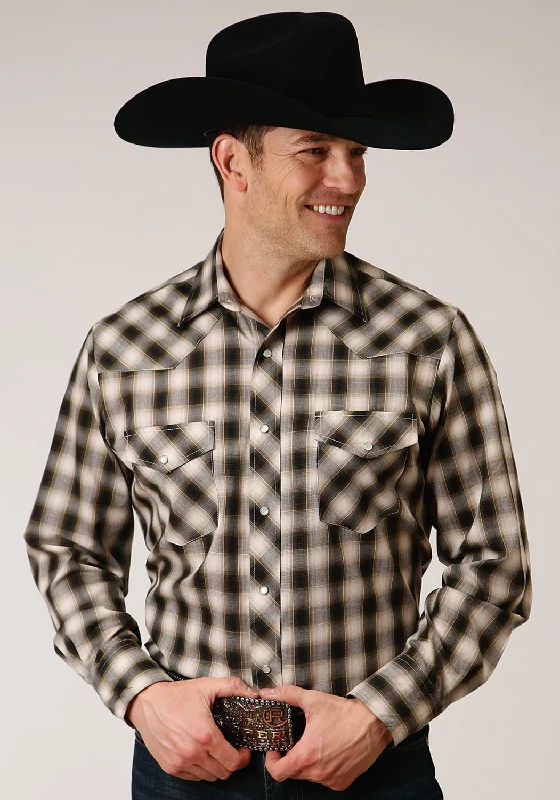 Men's Wrinkle - Resistant Polyester Blend Casual Shirts for Easy Travel and MaintenanceRoper Mens Black/Olive Cotton Blend Plaid L/S 55/45 Shirt Men's Wrinkle - Resistant Polyester Blend Casual Shirts for Easy Travel and MaintenanceRoper Mens Black/Olive Cotton Blend Plaid L/S 55/45 Shirt
