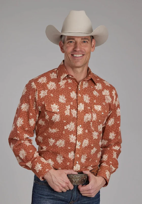 Men's Embroidered Detail Casual Shirts in Beige for a Touch of EleganceRoper Mens Floral Orange/Cream Cotton Blend L/S Shirt Men's Embroidered Detail Casual Shirts in Beige for a Touch of EleganceRoper Mens Floral Orange/Cream Cotton Blend L/S Shirt