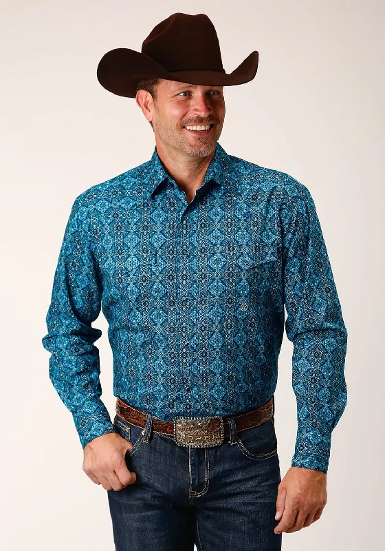 Men's Linen Blend Casual Shirts with Roll - Up Sleeves for a Summer Beach LookRoper Mens Gothic Medallion Blue 100% Cotton L/S Shirt Men's Linen Blend Casual Shirts with Roll - Up Sleeves for a Summer Beach LookRoper Mens Gothic Medallion Blue 100% Cotton L/S Shirt
