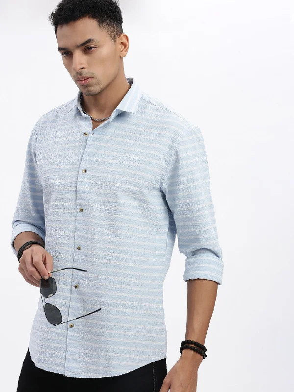 Men's Sustainable Recycled Material Casual Shirts for Eco - Conscious ConsumersMen Blue Striped Slim Fit Shirt Men's Sustainable Recycled Material Casual Shirts for Eco - Conscious ConsumersMen Blue Striped Slim Fit Shirt