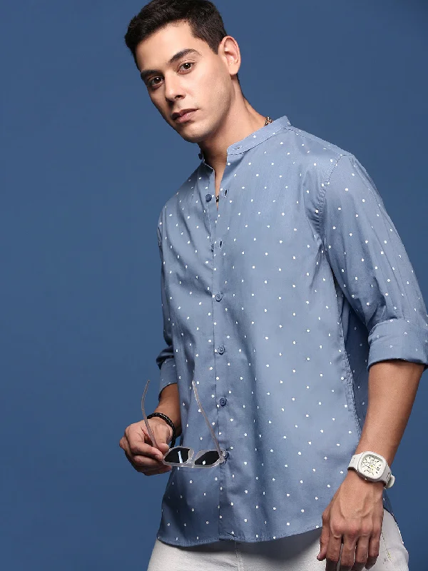 Men's Slim - Fit Printed Floral Casual Shirts in Pastel Colors for a Spring - Inspired VibeMen Mandarin Collar Polka Dots Blue Slim Fit Shirt Men's Slim - Fit Printed Floral Casual Shirts in Pastel Colors for a Spring - Inspired VibeMen Mandarin Collar Polka Dots Blue Slim Fit Shirt