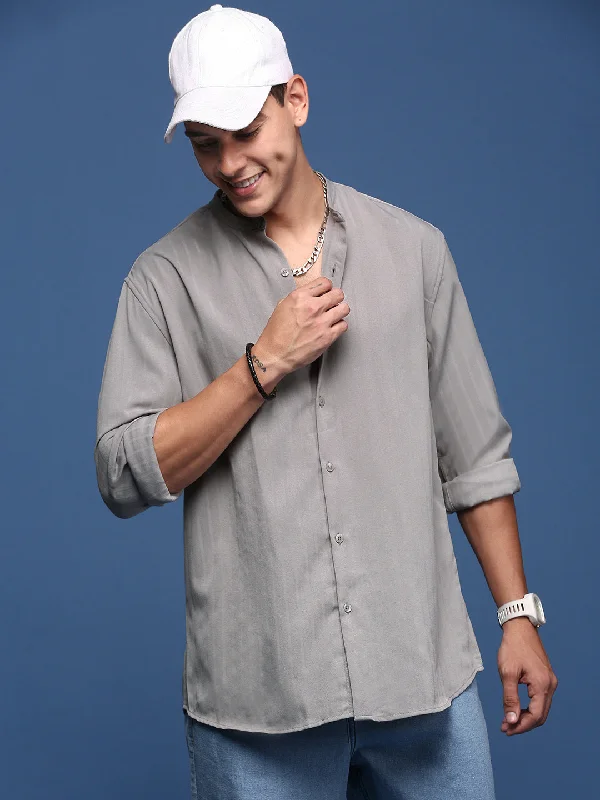 Men's Linen Blend Casual Shirts with Roll - Up Sleeves for a Summer Beach LookMen Mandarin Collar Solid Grey Slim Fit Shirt Men's Linen Blend Casual Shirts with Roll - Up Sleeves for a Summer Beach LookMen Mandarin Collar Solid Grey Slim Fit Shirt