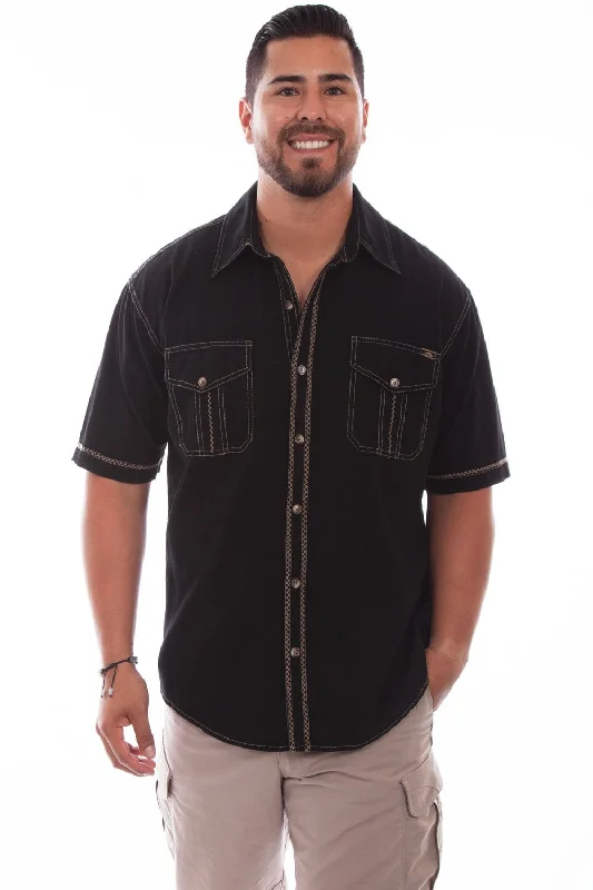 Plus Size Men's Striped Chambray Casual Shirts with a Spread Collar for a Preppy AppearanceScully Mens Black 100% Cotton Voyager S/S Shirt Plus Size Men's Striped Chambray Casual Shirts with a Spread Collar for a Preppy AppearanceScully Mens Black 100% Cotton Voyager S/S Shirt
