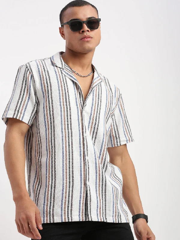 Men's Sustainable Recycled Material Casual Shirts for Eco - Conscious ConsumersMen Cuban Collar Vertical Stripes White Shirt Men's Sustainable Recycled Material Casual Shirts for Eco - Conscious ConsumersMen Cuban Collar Vertical Stripes White Shirt
