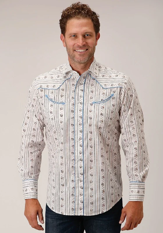 Men's Linen Blend Casual Shirts with Roll - Up Sleeves for a Summer Beach LookRoper Mens Wallpaper Stripe Fancy White Cotton Blend L/S Shirt