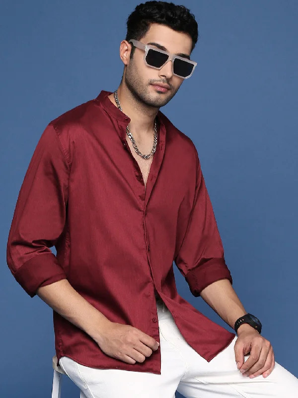 Men's Slim - Fit Printed Floral Casual Shirts in Pastel Colors for a Spring - Inspired VibeMen Mandarin Collar Solid Maroon Slim Fit Shirt Men's Slim - Fit Printed Floral Casual Shirts in Pastel Colors for a Spring - Inspired VibeMen Mandarin Collar Solid Maroon Slim Fit Shirt
