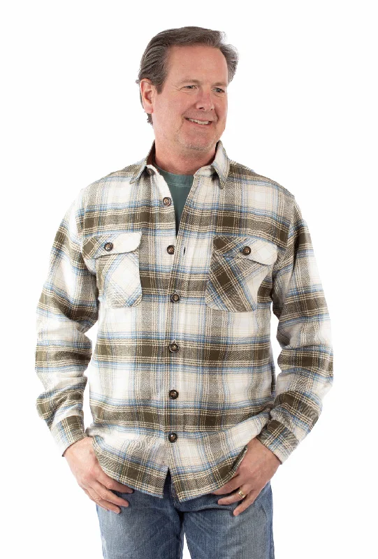 Men's Two - Tone Contrast Panel Casual Shirts in White and Navy for a Stylish and Eye - Catching DesignScully Mens Flannel Plaid Olive 100% Cotton L/S Shirt