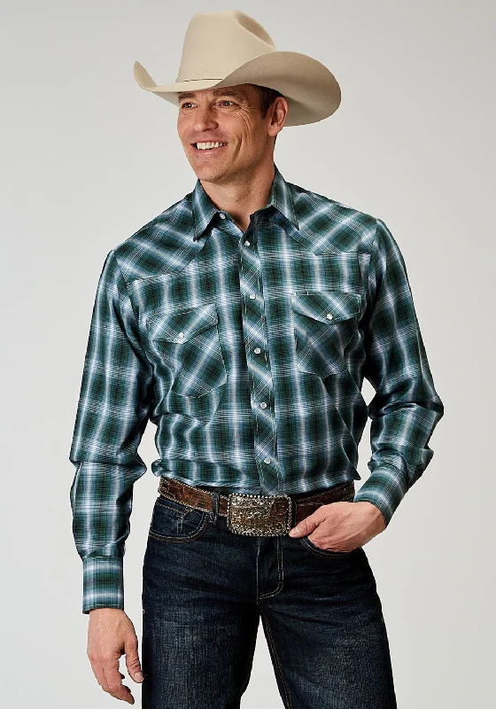 Men's Two - Tone Contrast Panel Casual Shirts in White and Navy for a Stylish and Eye - Catching DesignRoper Mens 1967 Ocean Plaid Blue Cotton Blend L/S Shirt Men's Two - Tone Contrast Panel Casual Shirts in White and Navy for a Stylish and Eye - Catching DesignRoper Mens 1967 Ocean Plaid Blue Cotton Blend L/S Shirt