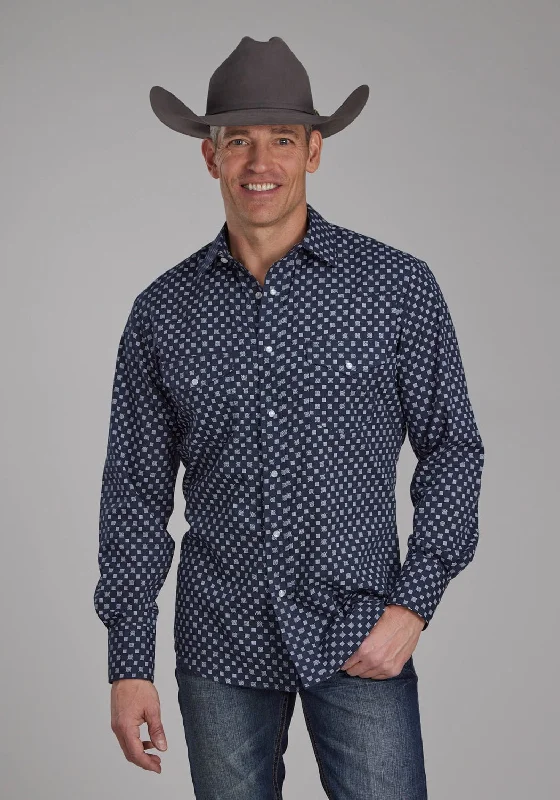 Men's Stretch - Fabric Casual Shirts in Navy Blue for a Comfortable and Flexible FitRoper Mens Squares Print Navy/White Cotton Blend L/S Shirt