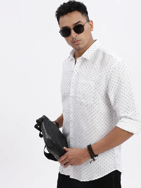 Men's Embroidered Detail Casual Shirts in Beige for a Touch of EleganceMen White Micro Print Slim Fit Shirt Men's Embroidered Detail Casual Shirts in Beige for a Touch of EleganceMen White Micro Print Slim Fit Shirt