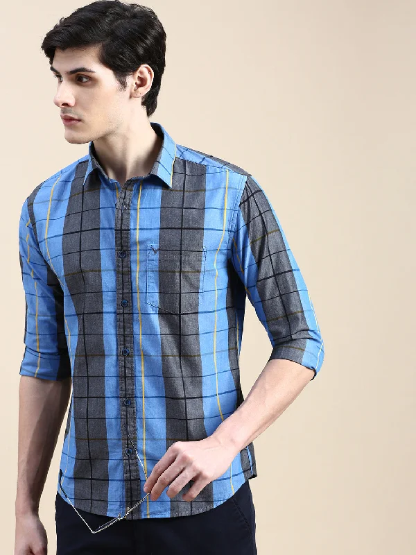 Men's Organic Cotton Casual Shirts with a Soft Handfeel for Everyday ComfortMen Spread Collar Checked Blue Shirt Men's Organic Cotton Casual Shirts with a Soft Handfeel for Everyday ComfortMen Spread Collar Checked Blue Shirt