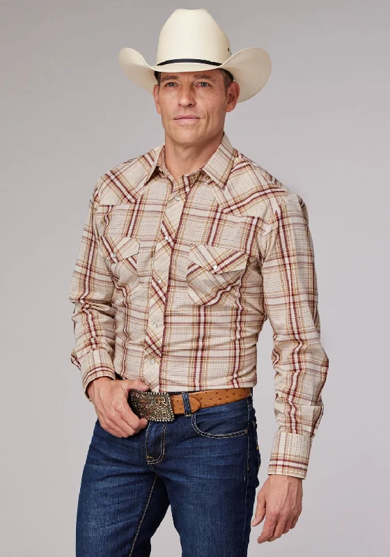 Men's Organic Cotton Casual Shirts with a Soft Handfeel for Everyday ComfortRoper Mens 2063 Plaid Tan/Wine Cotton Blend L/S Shirt Men's Organic Cotton Casual Shirts with a Soft Handfeel for Everyday ComfortRoper Mens 2063 Plaid Tan/Wine Cotton Blend L/S Shirt